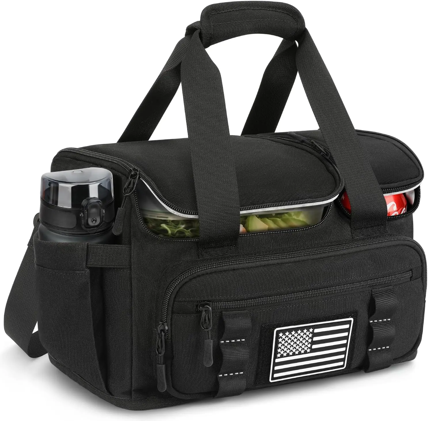 Tactical Lunch Box for Men, 15L Insulated Lunch Bag with Hot/Cold Compartments, Men's Lunch Box Fits 3 Meals + Snacks, Adult Lunch 8H Cooler Bags for Work, Hiking, Beach, Gym, BlackGift.