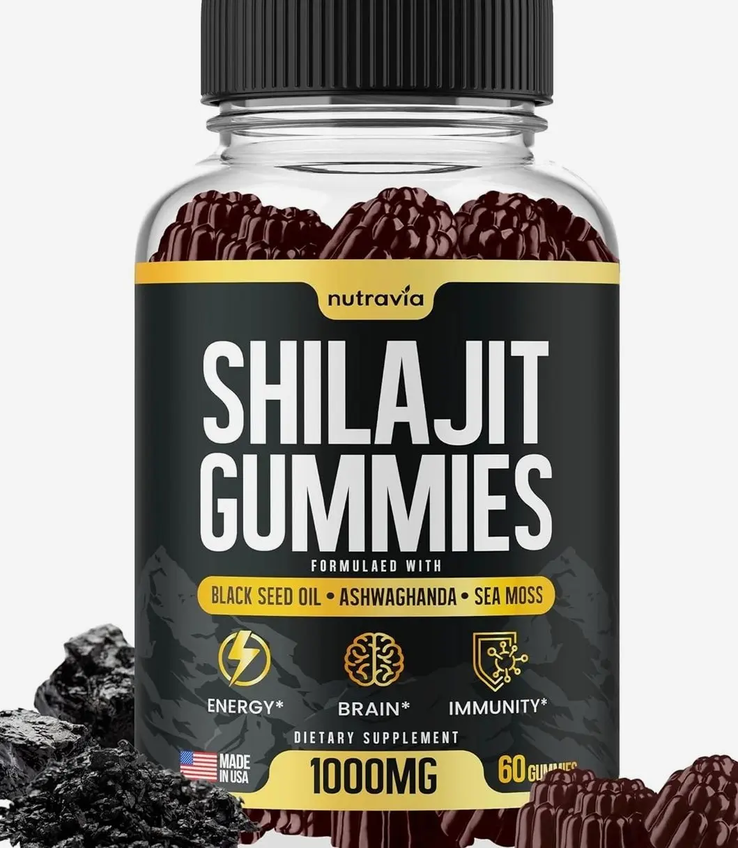 Shilajit Gummies - 3 in 1 with Sea Moss, Black Seed Oil, Ashwagandha - Natural Formula Shilajit Supplement 85+ Trace Minerals, Pure Himalayan Shilajit Gold Gomitas De Shilajit, USA Made (60 Gummies)