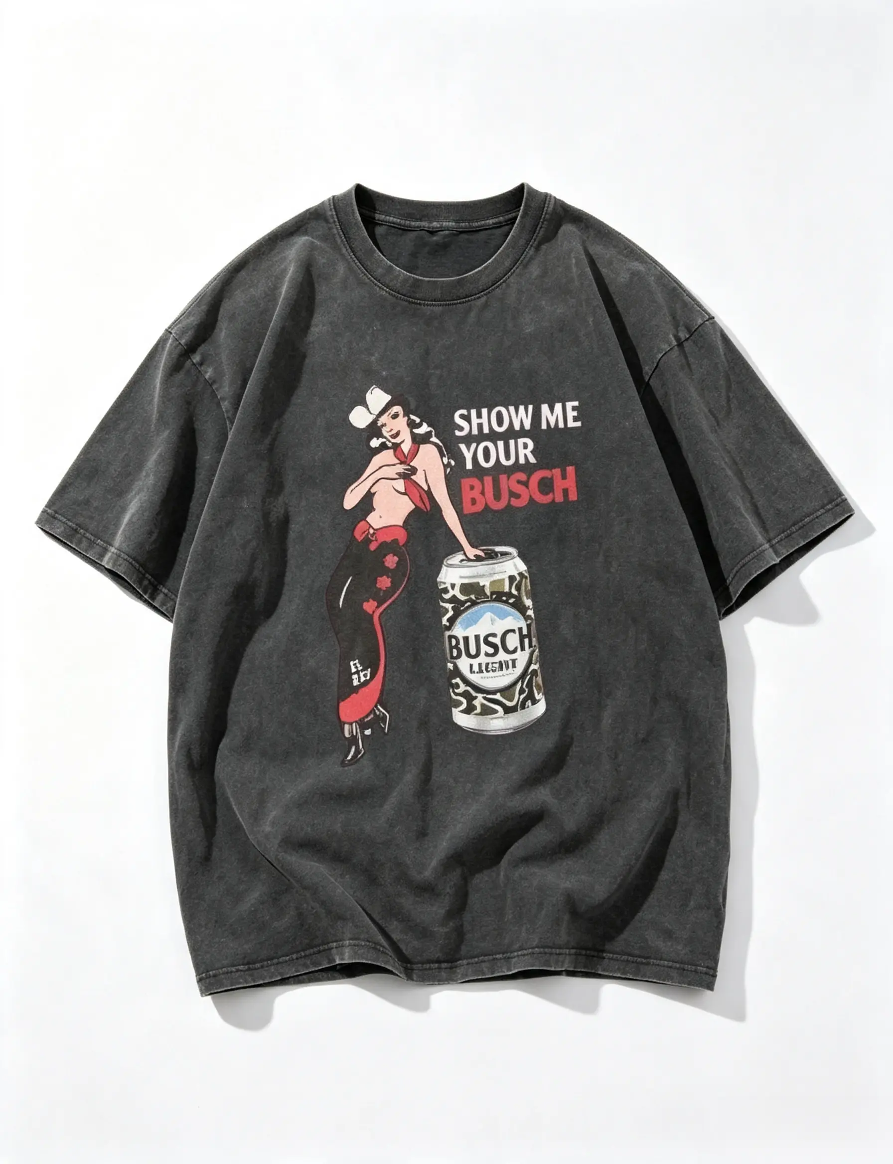 Men's Classic Acid-Washed Retro Short-Sleeve T-Shirt - Relaxed Fit Oversized Top with Show Me Your Busch Cowgirl Pinup Print, Western Country Fashion Casual Streetwear, Shortsleeve