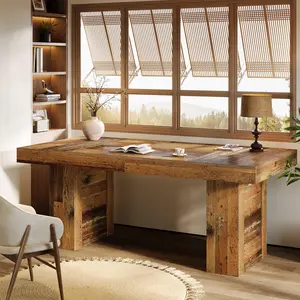 Tribesigns Farmhouse Executive Desk 63" for Home Office, Brown Wooden Computer Desk with Heavy Duty Legs, Large Meeting Table