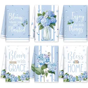6 count Hydrangea Kitchen Towels Blue and White Spring Dish Towels 21.3 x 14.2 Inch Decorative Flower Hand Towel Decorative Hydrangea  Towel for Kitchen Bathroom Decor Housewarming
