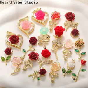 Rose Pendant, Real Gold-Plated Copper Flower Brooch/Corsage, DIY Jewelry Component, Necklace & Bracelet Charm