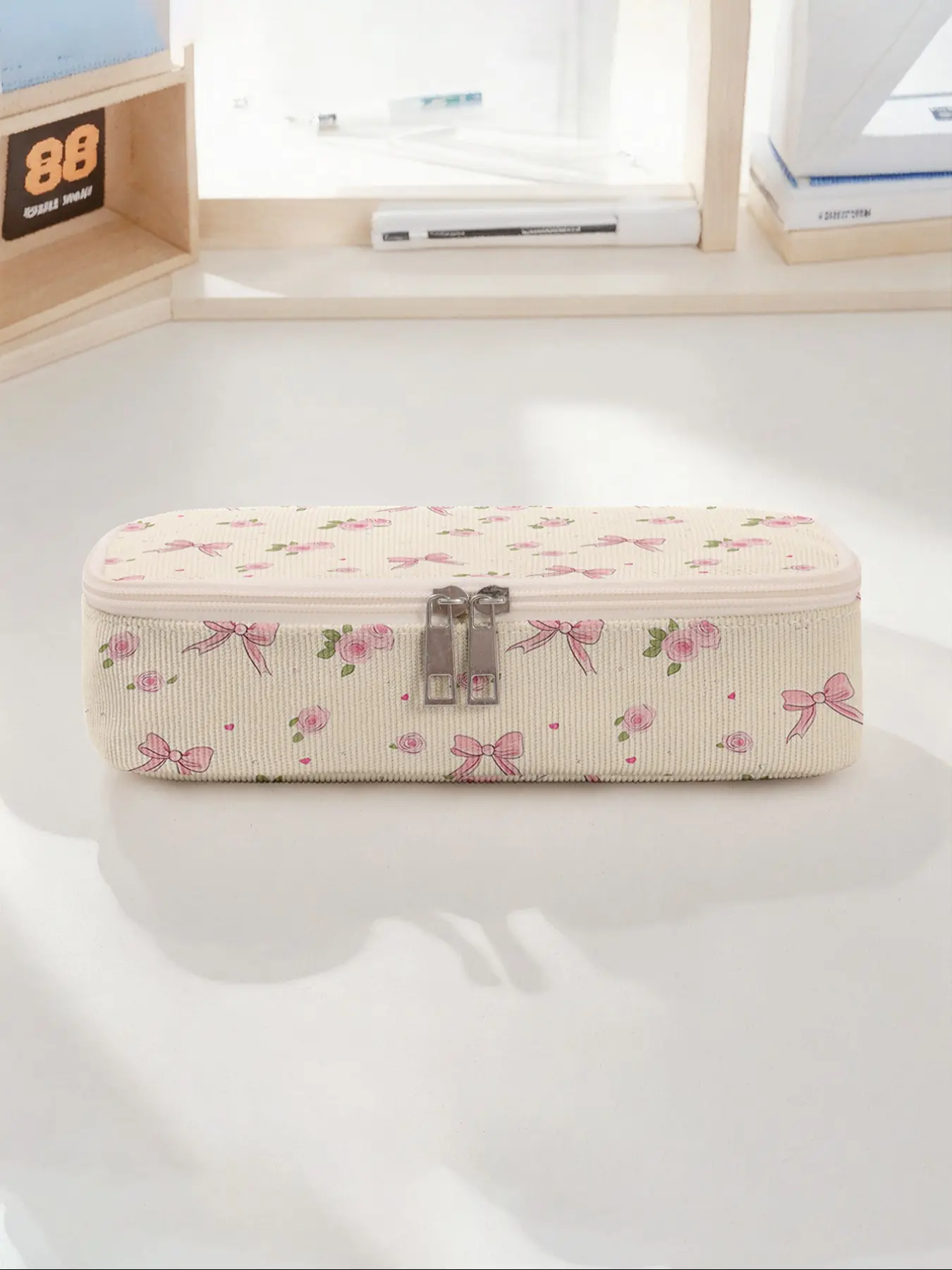 Floral Bow Print Large Capacity Pencil Case, Durable Multi-Functional Storage Bag, Multifunctional Stationery, Portable Zipper Organizer for School Office Supplies, School Classroom Supplies