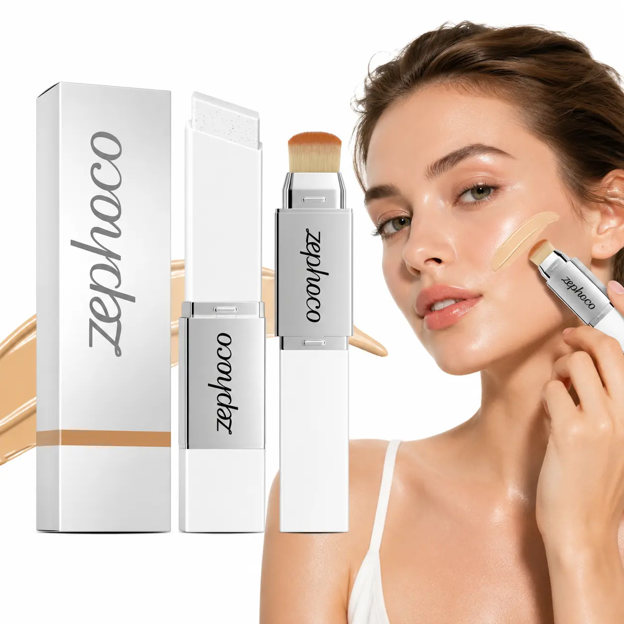 Zephoco Dual-Ended Detachable Brush Foundation Stick - Hydrating Moisturizing Cosmetic Concealer Base Makeup for Daily Wear, Natural Finish, All Skin Types