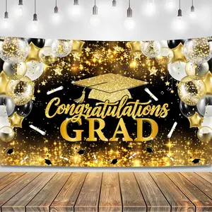 Graduate 2026 Backdrop |   Large Congrats Grad Banner - 72x44 Inch, Black and Gold Congrats Grad Banner fot Class of 2026 Graduation Decorations
