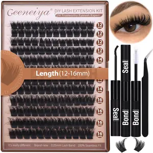 【Stack Spikes】Geeneiya 200D Lash Extension Kit Eyelash Extension Kit Thick Volume Lash Clusters Kit Wispy DIY Individual Eyelashes Kit with Lash Bond and Seal, Lash Applicator (D Curl, Faux Mink)