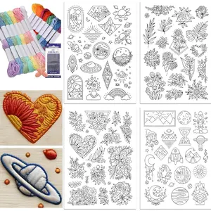 4 Sheets Floral Water Soluble Embroidery Stabilizer Backing Stickers, Stick & Stitch Transfer Paper for Hand Sewing, Fabric Embroidery Patterns for Beginners & Stitch Practice, Floral Embroidery Design, Embroidery Craft