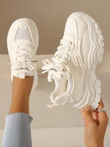 fashionable lace up front low top platform sneakers for women, casual comfortable sports shoes for daily wear, letter label contrast mesh design chunky sneakers, gym shoes women shoes, mother's day gift