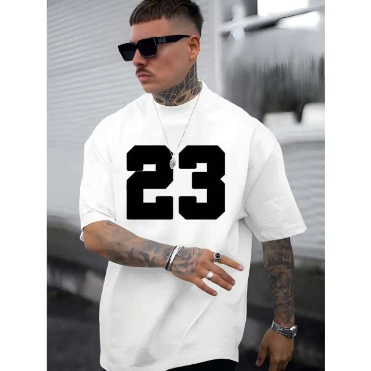 Women's Oversized Loose Basic Cotton Tee - Crew Neck, Short-Sleeve, "23" Print, Reinforced Fabric, Comfort Fit, Trendy Casual Tshirt for Spring & Summer, Printed, Streetwear, Breathable