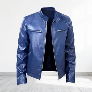 Men's stand collar leather jacket with a simple and stylish design, featuring multiple zipper pockets and a stand collar silhouette suitable for adult men's daily commute and casual occasions.