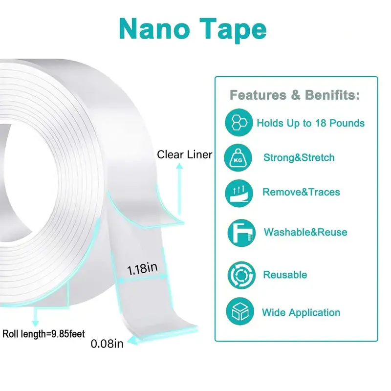 Ducttape,Double Sided Tape Heavy Duty(9.85FT), Nano Double Sided Adhesive Tape, Clear Mounting Tape Picture Hanging Adhesive Strips. Waterproof ducttape
