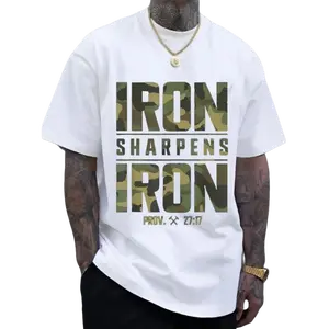 CMBT Men's 100% Cotton Oversized Tee - Iron Sharpens Iron Proverbs 27:17 Bible Verse Casual Streetwear with Geometric Camouflage Prints Breathable Summer Tshirt Machine Washable Short Sleeve