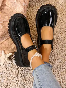 Women's Patent Leather Mary Jane Wedge Heel Shoes, Glossy Black Round - Toe Platform Footwear, Adjustable Strap Buckle Wedge Shoes, Casual Daily Wear Walking Shoes, Girl All - match Chunky Thick - Sole Wedge Loafers, Female Retro - style Wedge Dress Shoes