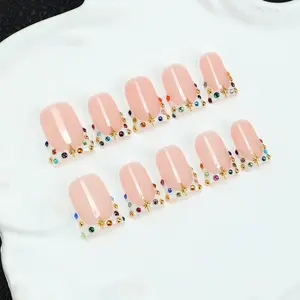 10 square handmade nail tips, Press on nails, Y2K Baddie style, set with diamonds, white, nail art, French edge design, suitable for women and girls' nail products, parties, weddings, excellent gifts, shiny nails for daily wear, including toolkits