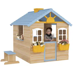 Outsunny Playhouse for Kids Outdoor, Country Style Wooden Playhouse with Flower Pot Holders, Working Door, Windows, Service Stations for 3-7 Years