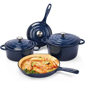 Elf Grill Nonstick Enameled Cast Iron 7-Piece Cookware Set with Dutch Oven & Frying Pans Oven Safe to 500°F for Sourdough Baking Modern Kitchenware