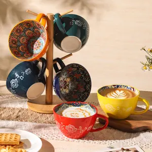 taufikt 6-Piece Boho Themed Design Ceramic Tea Cup Set, Large Capacity Coffee Cups & Colorful Mugs for Family Afternoon Tea, Mother's Day Gift, Ceramic Coffee Cups, Colorful Ceramic Mugs,summervibes