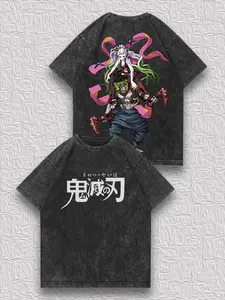 valentine shirts Men's Distressed Double-Sided T-Shirt - Demon Slayer Gyutaro & Daki Anime Print, Fashionable Retro Niche Loose Short-Sleeve