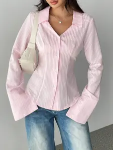 Striped Button Front Shirt Blouse, Long Sleeve Flare Sleeves, Waist Cinched, Casual Office Wear, Spring & Fall Fashion