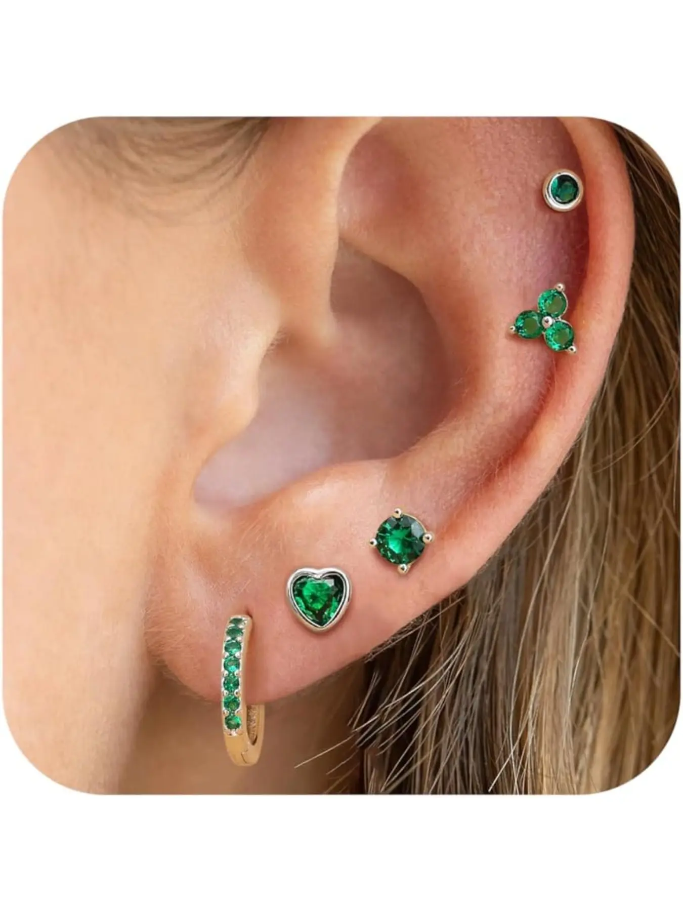 5 Pair Earrings Set for Women Girls - Silver 925 Creole Earrings Pink/Green/Blue/Purple - Stackable Pillar Earrings for Kids Women Heart Shaped Earrings