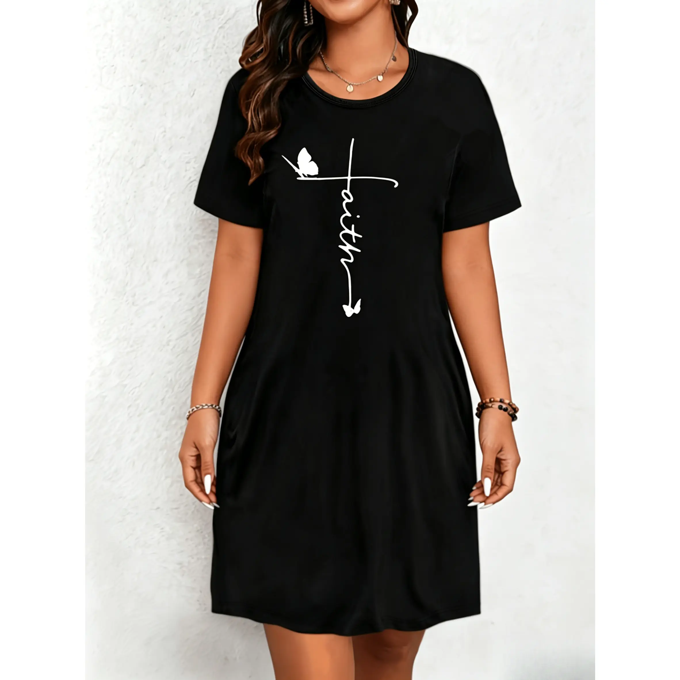 Beige "Faith" Cross Print Tunic Dress, Short Sleeve Casual Tee Dress, Religious Christian Apparel