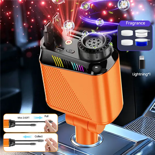 Upgrade 6-in-1 Retractable Car Charger with Car Air Aromatherapy Diffuser 66W Fast Charging Dual Type-C Cables Lightning Adapter USB-C Dual Ports Starlight Mood Light 6x10ML Perfumes Car Air Freshener for iPhone iPad AirPods Samsung Google Pixel LED