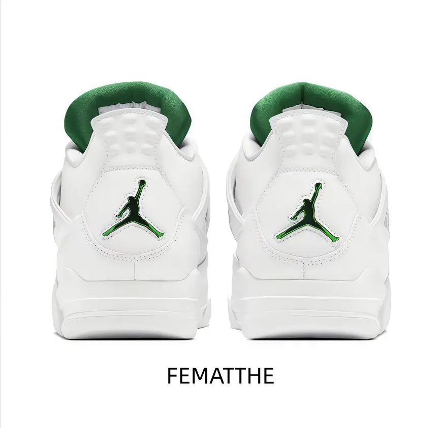 Clean all-white mid-top sneakers with vibrant green heel embroidery and green tongue lining, fresh colorway brings refreshing vibe for spring and daily street outfits.