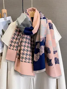 Autumn Winter Polyester Quilted Scarf, Silver Color Leaf Pattern Design, Versatile Accessory for Various Occasions & Decoration