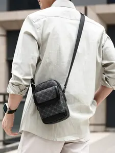 Men's Monogram Mini Crossbody Bag, Water-Resistant PU Leather Sling Purse, Zippered Sling Bag, Multiple Pockets, Casual Shoulder Bag for Travel and Daily Use, Waterproof Chest Bag