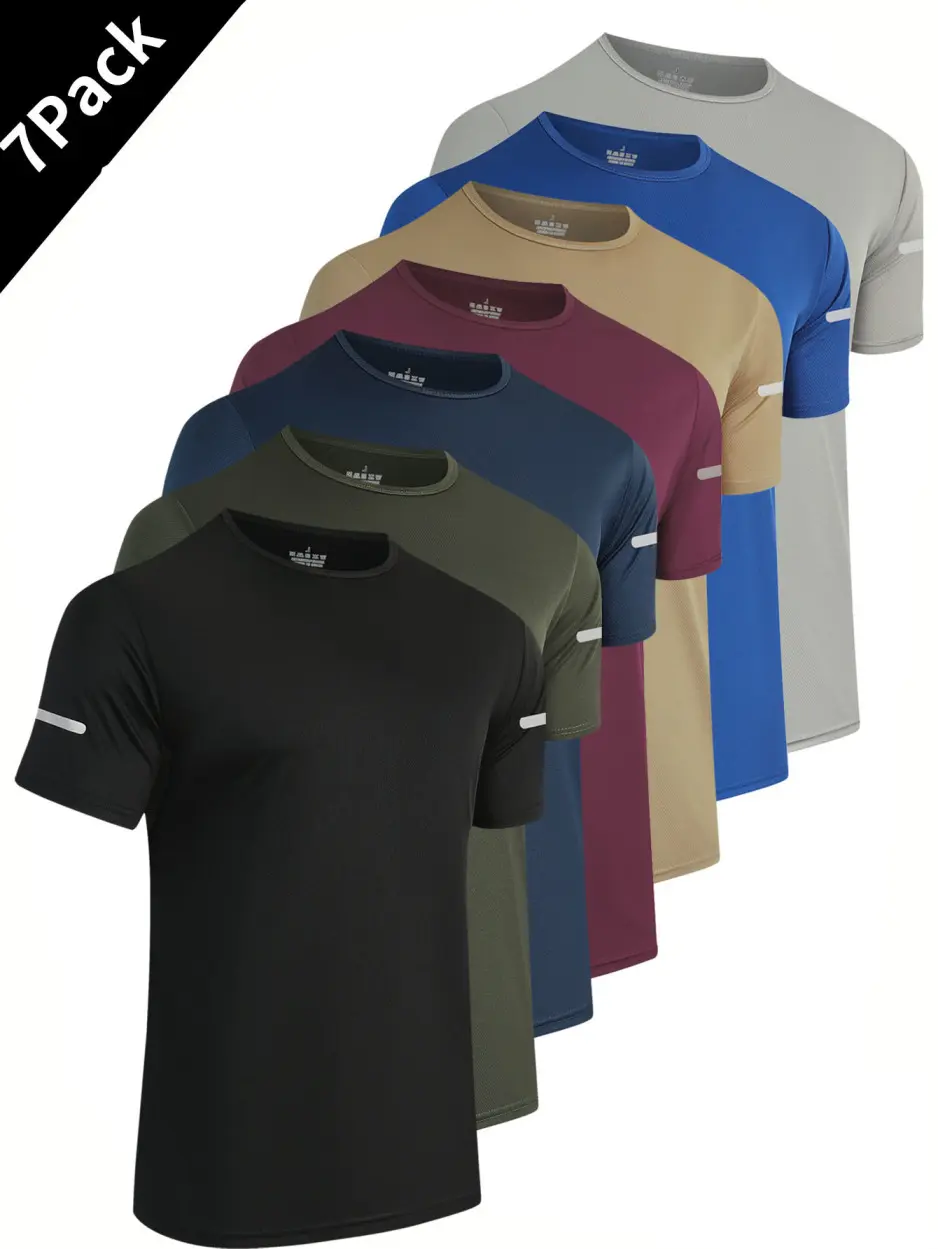 MTTYYD 7 Pack Men 7 Tone Solid Crew Neck Performance T-Shirts Breathable Quick Dry Polyester Moisture Wicking Sports Tops Curved Hem With Reflective Cuff Detail Machine Washable For Fitness Jogging Travel All Season Bundle