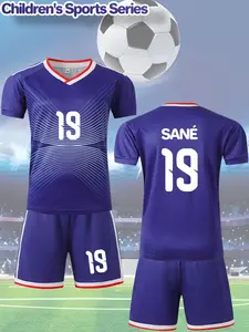 2 pieces of color-blocked jersey number 19 with name SANÉ printed boys' short-sleeve football jersey V-neck T-shirt and shorts set, suitable as comfortable and well-fitting sportswear for boys.