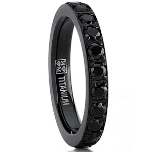 Women's 3MM 1.75Ct Black Titanium Eternity Engagement Band Wedding Ring Black Pave Set CZ