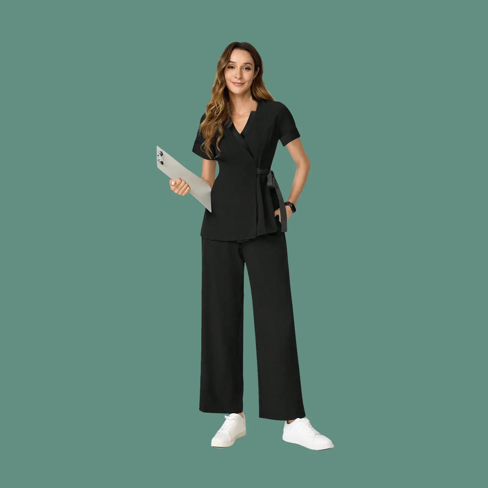 Cimmuovere Women's V-Neck Scrubs Set Stylish Short-Sleeved Top with Ruffled Hem Loose Fit Trousers 100% Polyester Ideal for Nurses & Healthcare Professionals