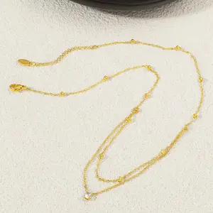 Titanium Double-Layer Necklace with Single Diamond Beads & Gold Accents, Adjustable Chain, Hypoallergenic Design, Comfortable for Daily Wear audrey  necklace  stacks