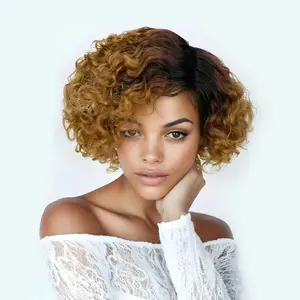 MIUULAAR Hair 6inch Women's Short Curly Afro Wig with Bangs Full Machine Made Natural Appearance Human Hair Wig for Daily Wear Lightweight Warm Caramel Highlights Color Blend Rich Dark Roots Lifelike Look Texture