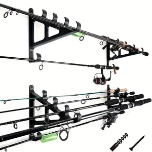 2 space-saving wall-mounted fishing rod holders, hooks - accommodate 3 fishing rods, hiking and skiing poles - durable ABS black material, easy to install in garages, cabins, camping - fishing rod holders, Fishing Tackle Organizer