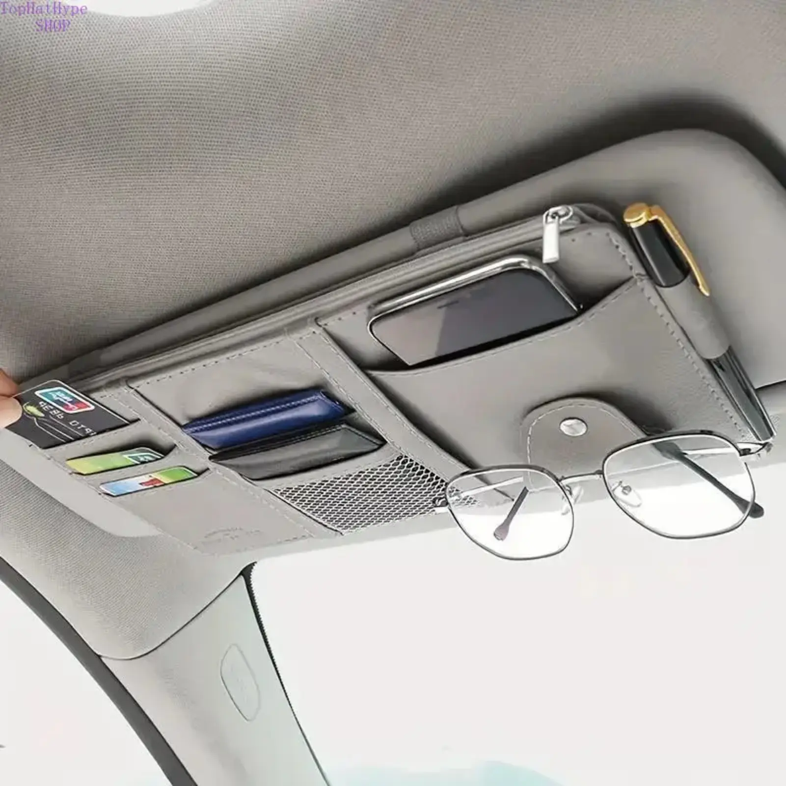 PU Leather Car Visor Organizer, Slim Ceiling-Mount Car Organization Supplies with Zippered Pockets & Multi-Pockets, Auto Accessories for Phones, ID Cards, Sunglasses & Small Items, Universal Vehicle Interior Accessories, Accessories For Car