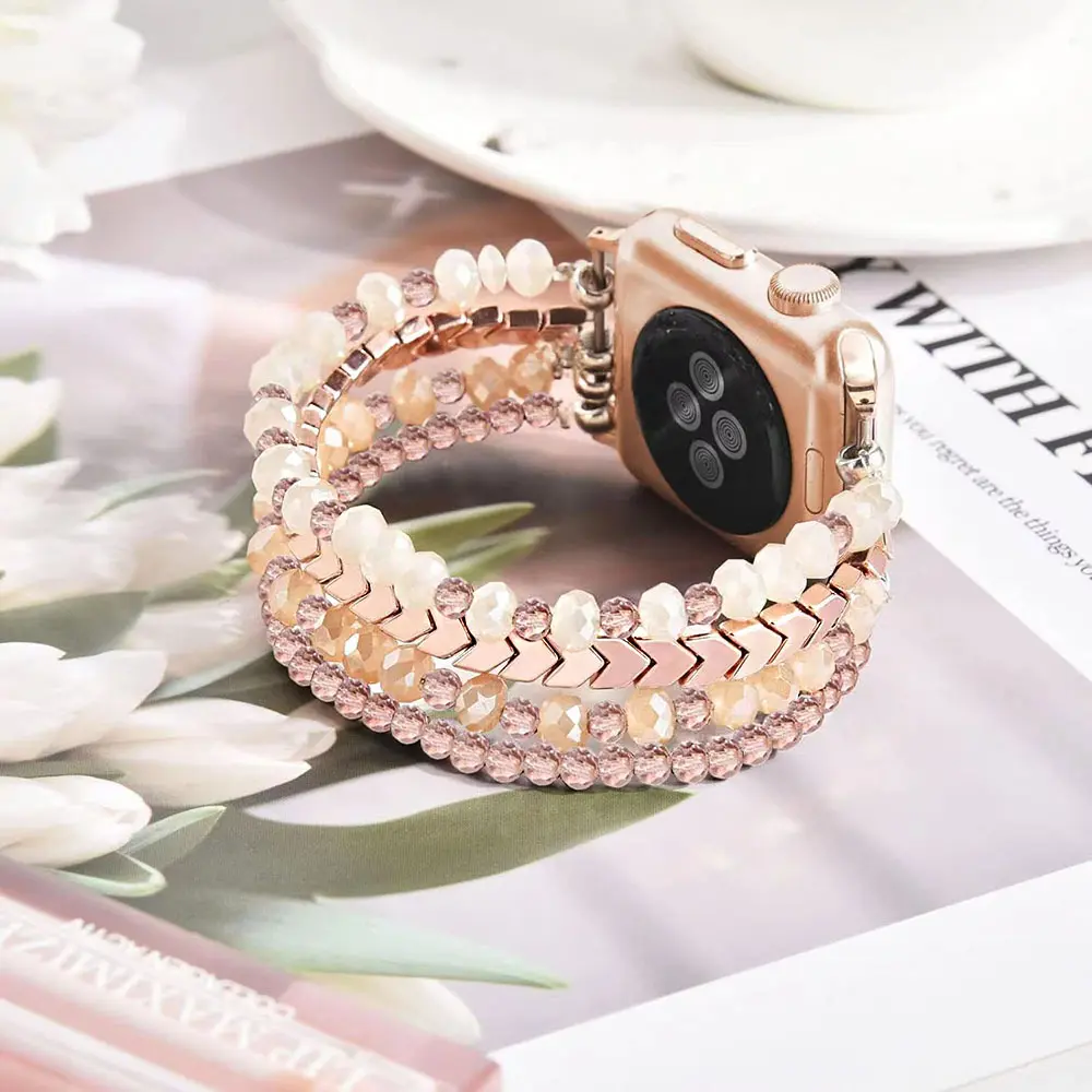 Women's Elastic Steel Pearl Link Beads Smart Watch Band with Agate + Pearl Shine, Wearable Accessories for Compatible 38/40/41/42/45/46mm Smart Watches (Fits Series SE/11/10/9/8/7/6/5/4/3/2/1)