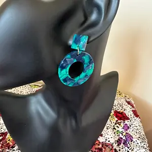 Navy Blue Teal Big Circle On Square Earrings