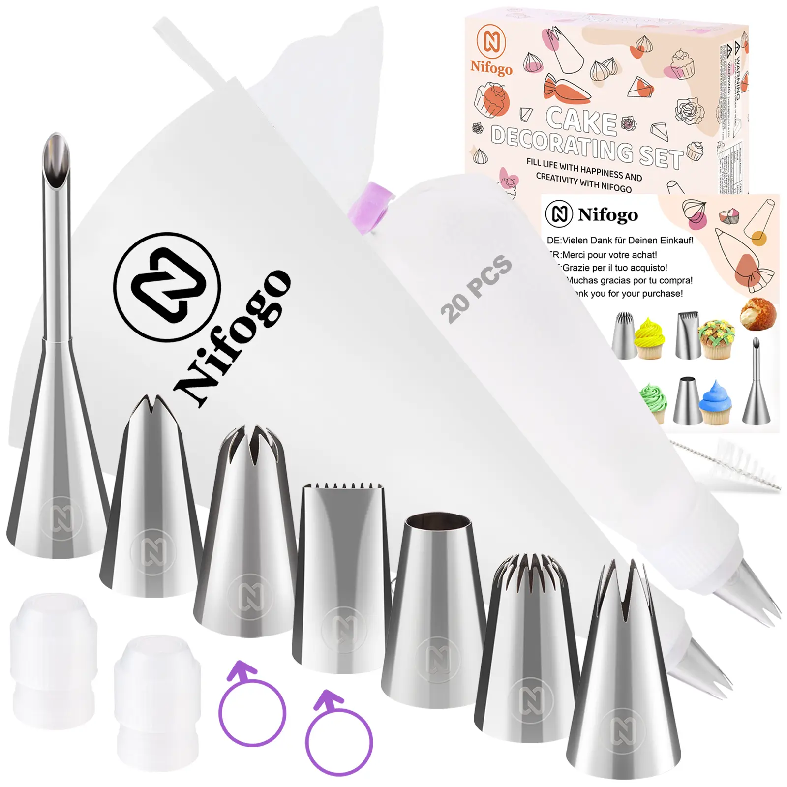 Cake Decorating Kit Professional Baking Set with Cake Turntable, Beginner Squeeze Technique Set, Pastry Bag, Perfect for Beginners and Cake Artists! Decorations Pink/Purple/Blue Set