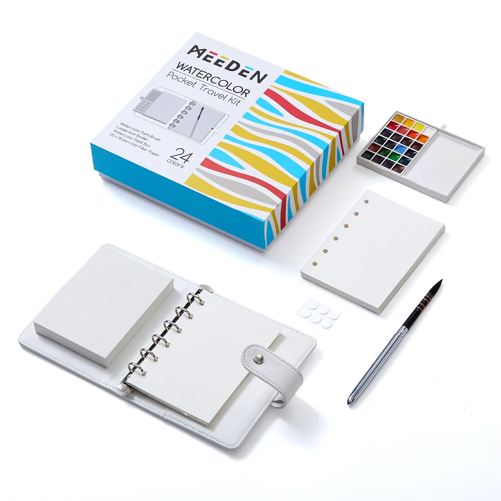MEEDEN Travel Watercolor Set - Portable Painting Kit with 30 Sheets Watercolor Paper & 24-Color Paints, Brush & Palette - WaterColor Skecthbook Journal for Beginners, Artists Outdoor Plein Air