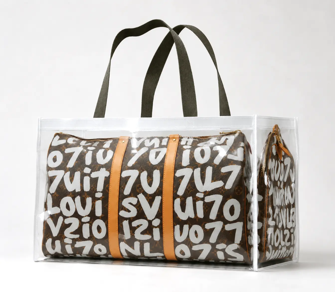 2026 Viral Influencer Style Graffiti Monogram Print Woven Shopping Tote Bag, Oversized Shoulder Duffel with Brown Leather Trim & Dark Green Handles for Travel, Gym & Daily Use