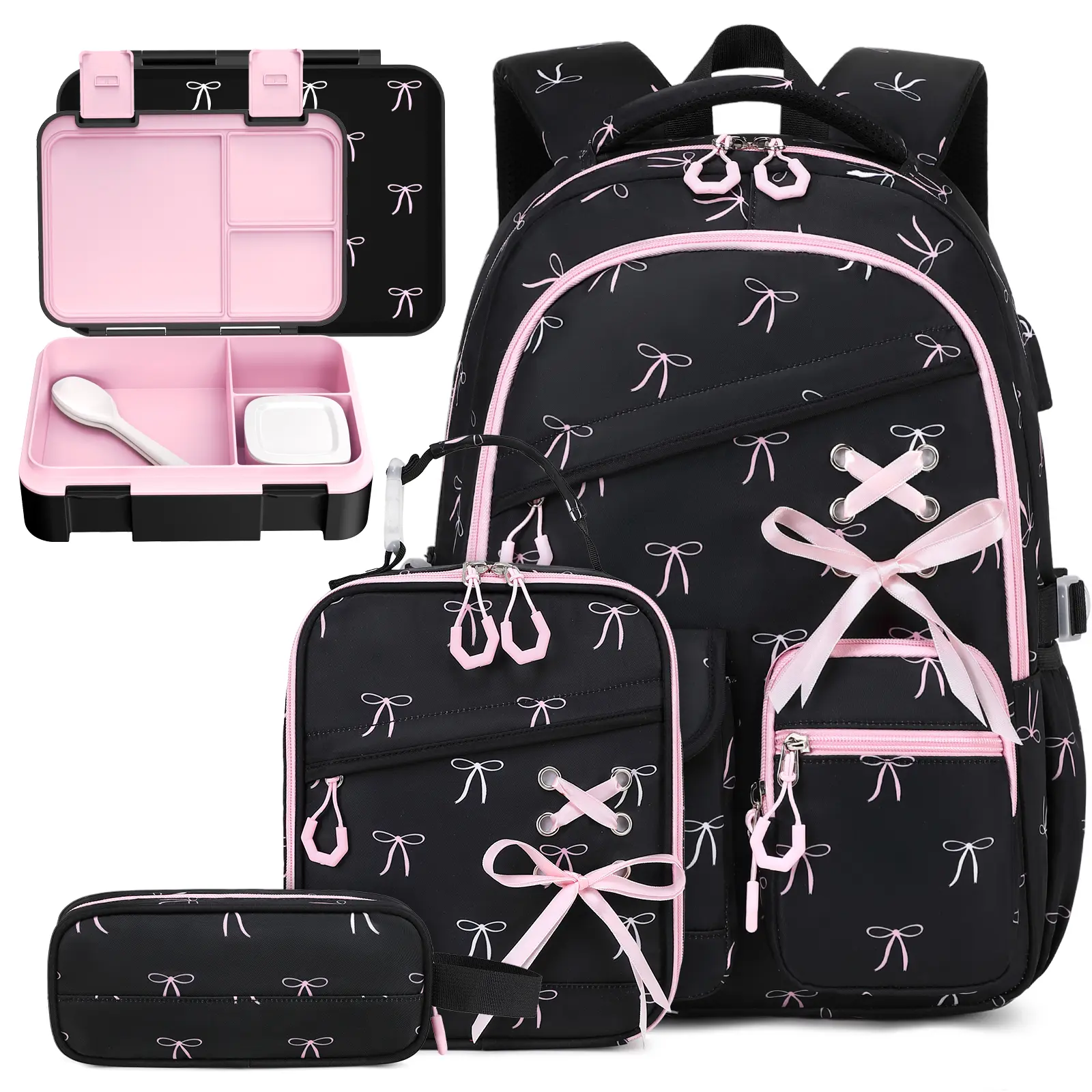Similove 4PCS Backpack sets for Girls - Ribbon Plaid Backpack with Lunch Bag&Pencil Case&Lunch Box, Cute School Backpack for Elementary Middle School Travel, Back to School Gift,Birthday's Gift