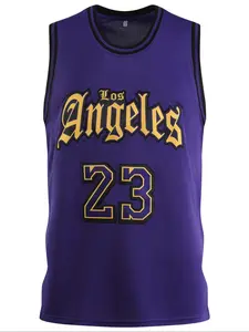 Men's 23 Purple Embroidered Basketball Jersey, Casual Short Sleeve Vest, Summer Fitted H-Type Style, Long Clothing Length, Moderate Fabric Thickness