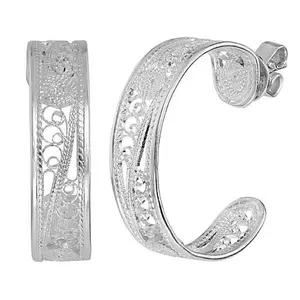 Stately Steel Sterling Silver Artisan-Crafted Filigree J Hoop Earrings