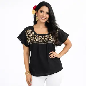 Hand Embroidered Women's Blouses - 100% Thin Cotton Black Shirt with Gold Embroidery Elegant Fresh Design for Warm Weather - Top, Fabric Blusa Bordada a Mano