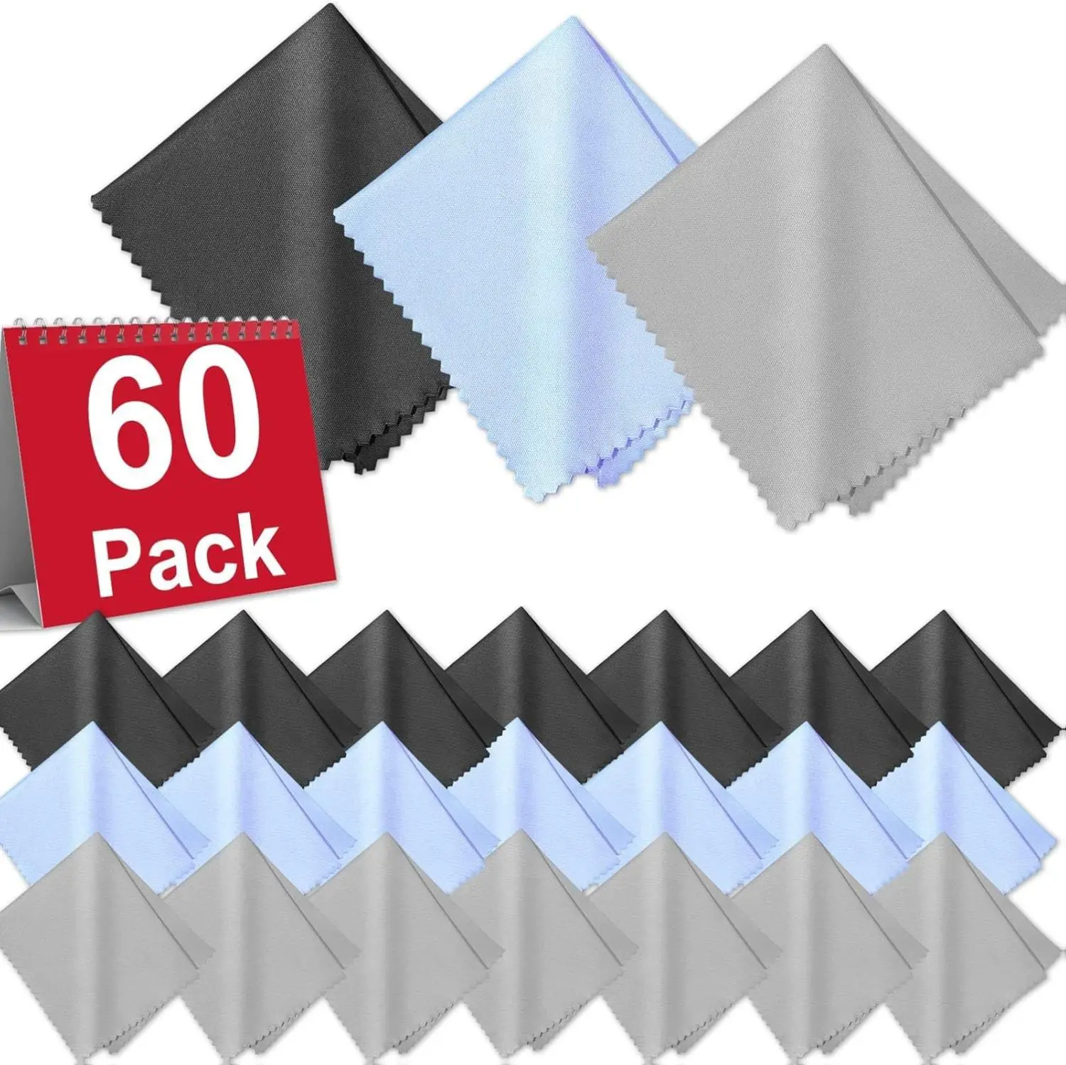 60-Pcs Scratch-Free Microfiber Lens Cloths (6x7 In), Lens & Camera Cleaner Replacements for Eyeglasses, Smartphone Screens (Black, Grey, Light Blue) - Ideal for Gifting to Friends, Family