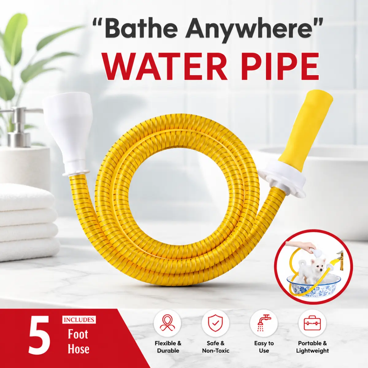 No-Install Tub Faucet Sprayer with 5 ft. Shower Hose Tub Spout Attachment – Portable Mesh Shower Bag for Cat Grooming, Hair Washing pet bathing
