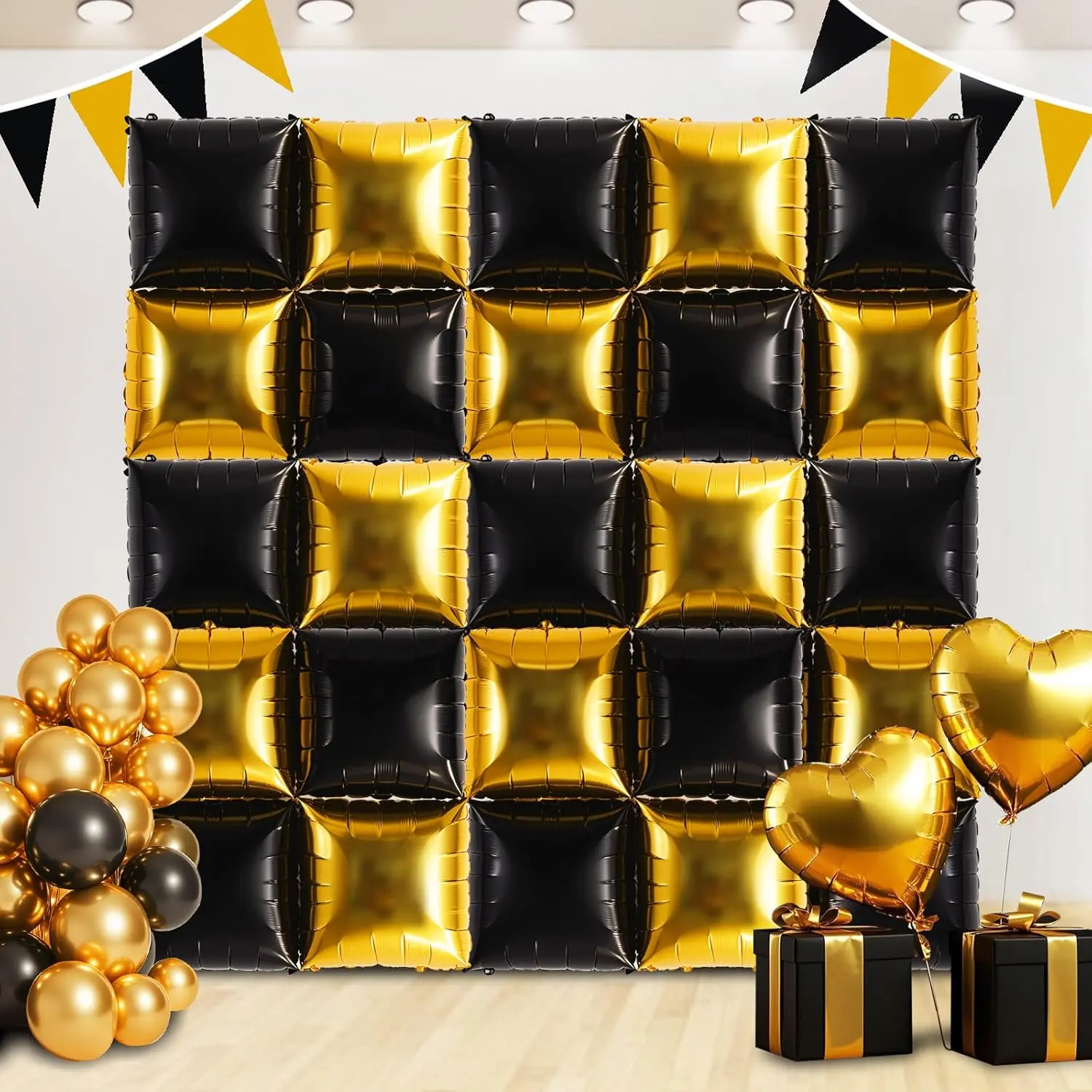 Square Foil Balloon Wall 30pcs Gold and Black Double Sided Mylar Square Balloon Garland Kit Balloons Background Arch for Graduation Anniversary Birthday New Years Decorations