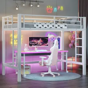 Twin Size Metal Loft Bed, Loft Bed with Easy Climbing Ladder and Guardrails , White